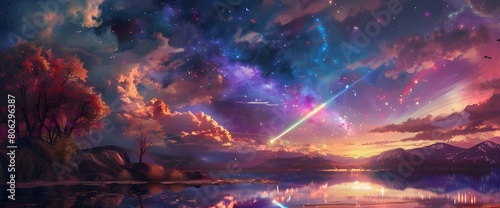 Night river  colorful meteor shower  beautiful  fancy  beautiful  wallpaper  Generative AI