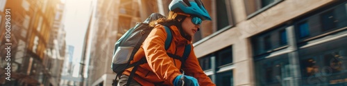 Woman go to work at office wearing helmet with bicycle on street around building on city. Bike commuting, Commute on bike, Business commuter concept. photo
