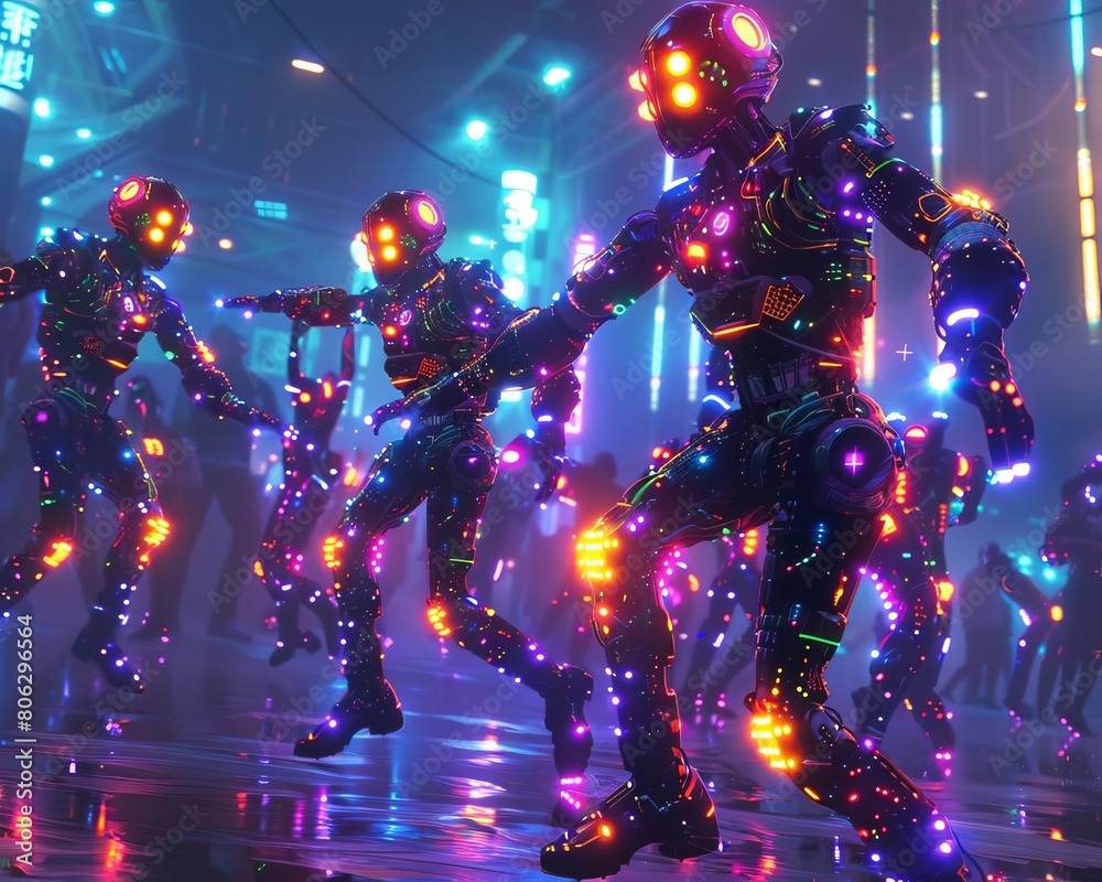 A group of robots dance in a nightclub A group of robots dance in a nightclub