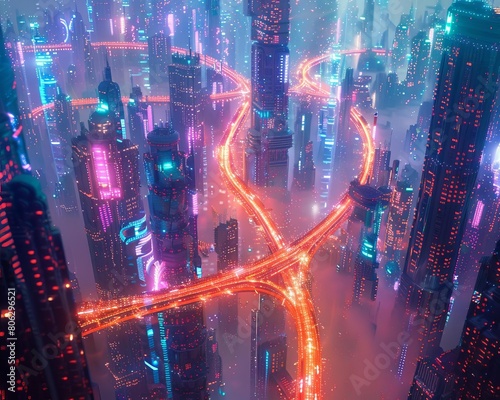 Create a digital painting of a cyberpunk city at night