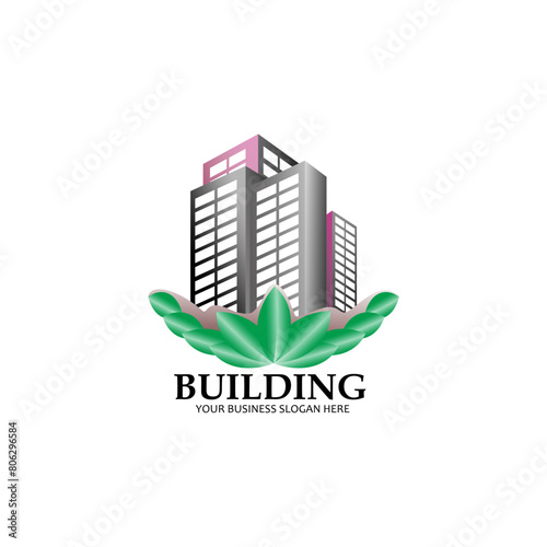 A building vector logo suitable for apartment logo, flat logo, hotel logo or bank building tower logo. With a warm and natural colour combination due to the green leaves images