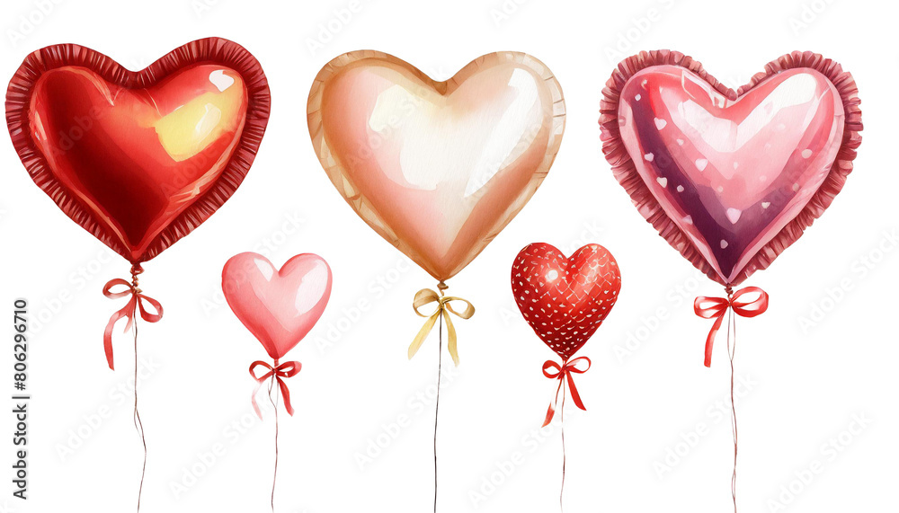Set of heart balloons for Valentine's Day isolated on on transparent background