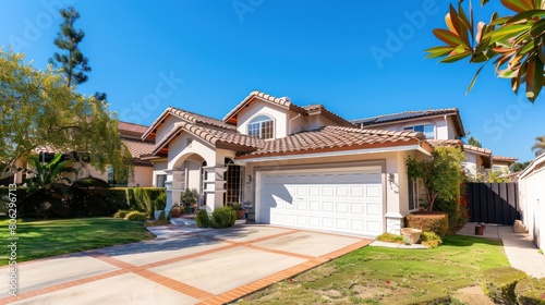 A luxurious stucco house with a Spanish tile roof and beautiful landscaping, under a clear blue sky, exuding opulence