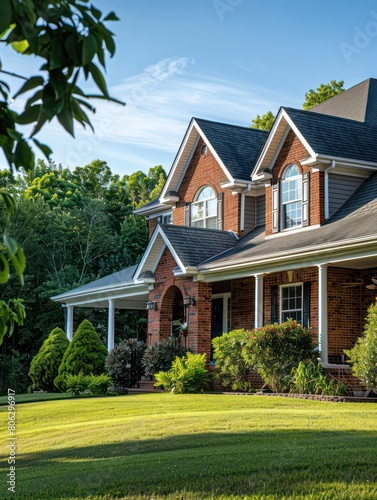 A traditional brick house featuring a wide lawn and a welcoming porch in a serene neighborhood