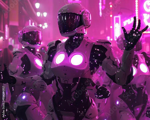 Create an image of a group of robots dancing in a nightclub
