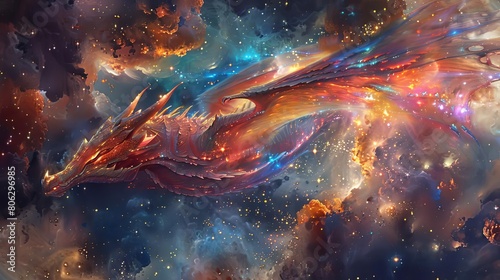 A majestic space dragon soars through the cosmos. The dragon's scales shimmer like stars, and its wings are out stretched.