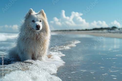 A samoyed relaxing on the beach on a sunny day photo