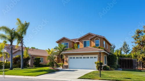 An upmarket two-story suburban house with palm tree landscaping under a clear blue sky photo