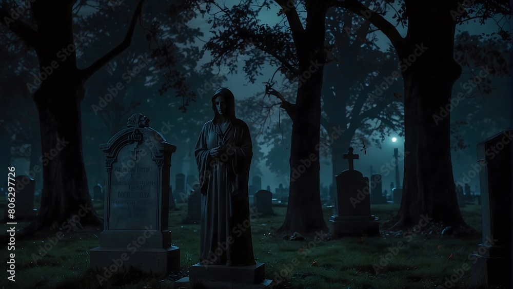 A scary and creepy moonlit graveyard.
A scary and creepy moonlit cemetery.