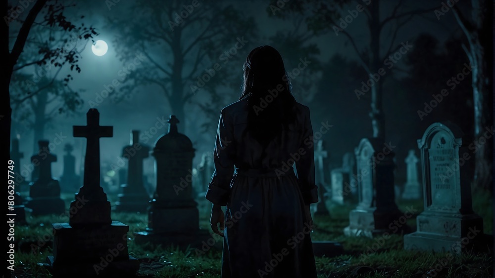 A scary and creepy moonlit graveyard.
A scary and creepy moonlit cemetery.