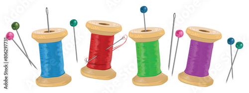 Set of sewing accessories. Threads, pins, threads with a needle, sewing needles. Vector isolated image for design.