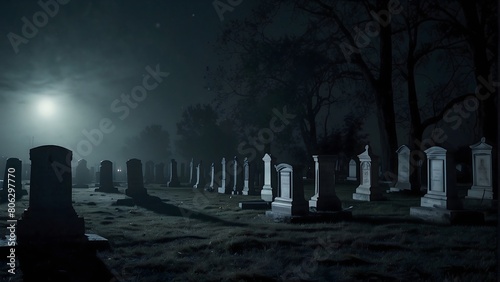 A scary and creepy moonlit graveyard. A scary and creepy moonlit cemetery.