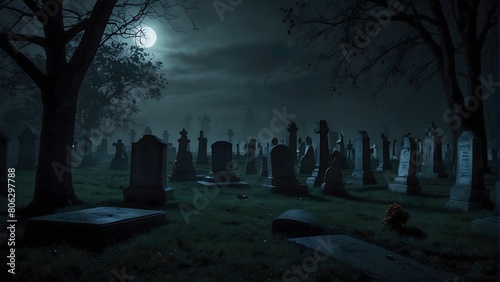 A scary and creepy moonlit graveyard. A scary and creepy moonlit cemetery.