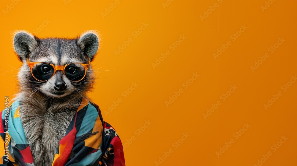 Süßer kleiner Waschbär mit Kleidung und Sonnenbrille schaut in die Kamera als Cartoon Poster Süßer kleiner Waschbär mit Kleidung und Sonnenbrille schaut in die Kamera als Cartoon Poster