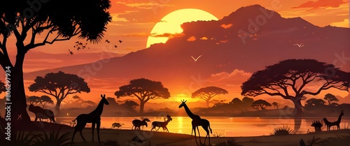 A majestic African sunset bathes wildlife in a warm glow. Natural beauty  interconnection. Vector illustration. Generative AI