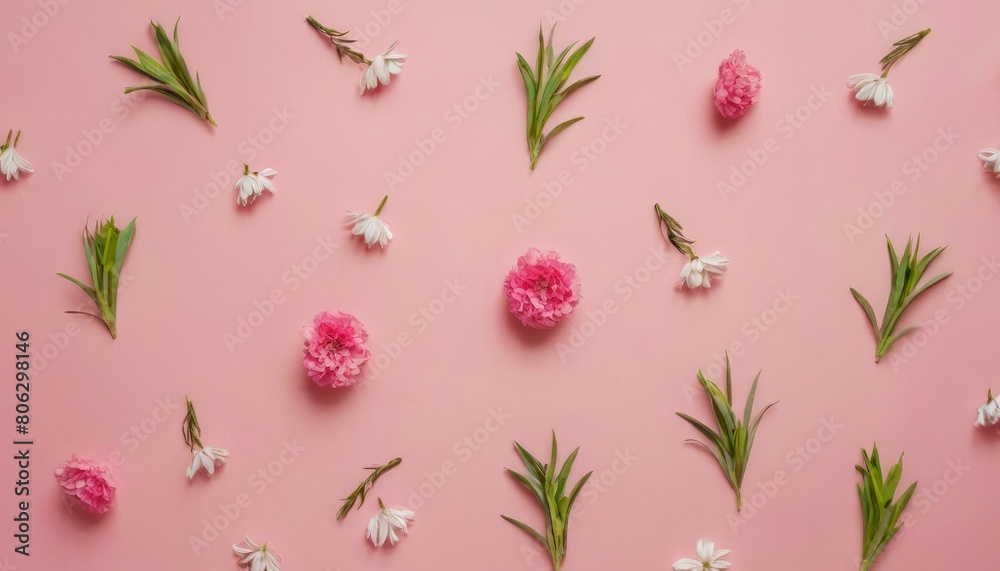 mix of flowers on pink background, DIY style, handmade, Flat lay, greeting cards, print, pattern for fabrics, craft, gifts