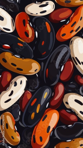 This graphic illustration showcases an array of beans in a variety of shapes and vivid colors, ideal for culinary themes, educational material on nutrition, and vegetarian diet promotions.