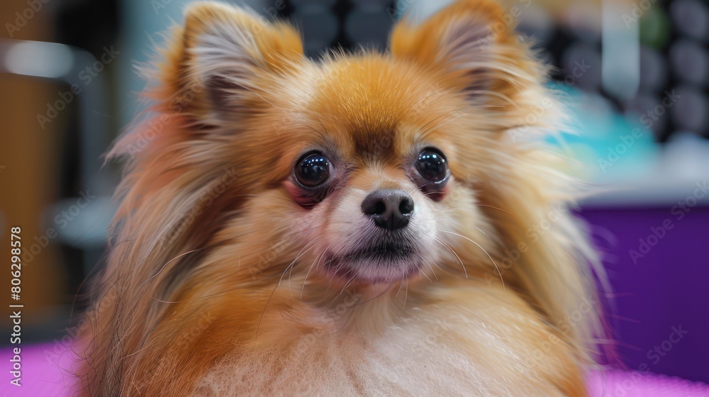 Close-up of a Pomeranian's face showing big, round eyes and fluffy orange fur in a vibrant grooming salon