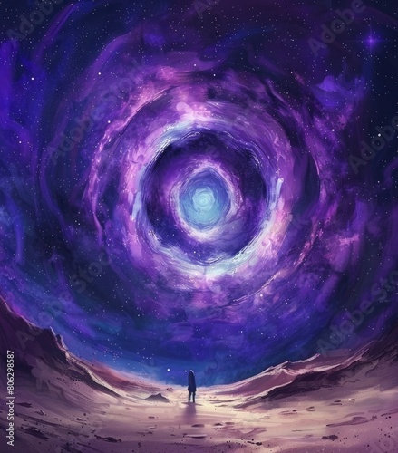 A person standing in the center of  purple splral portal.