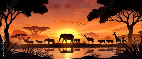 A majestic African sunset bathes wildlife in a warm glow. Natural beauty  interconnection. Vector illustration. Generative AI