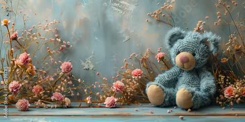 teddy bear on the wall. cute teddy bear with rustic blue wooden board background.  Mother's Day, Valentine's Day. This is a boy girl. Birthday greeting card. Parenthood concept. Congratulation concept photo