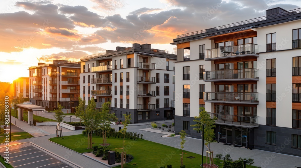 The warm glow of sunset bathes modern residential apartment buildings with landscaped grounds and pathways
