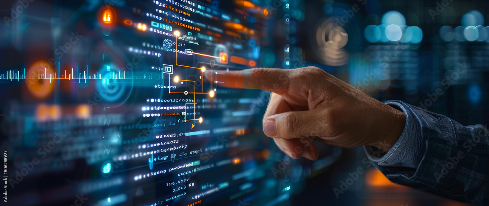 Fototapeta premium Tech Businessman Analyzing AI Machine Learning Insights Using Data Science on Virtual Screen Interface with Big Data Visualization and Computer Code