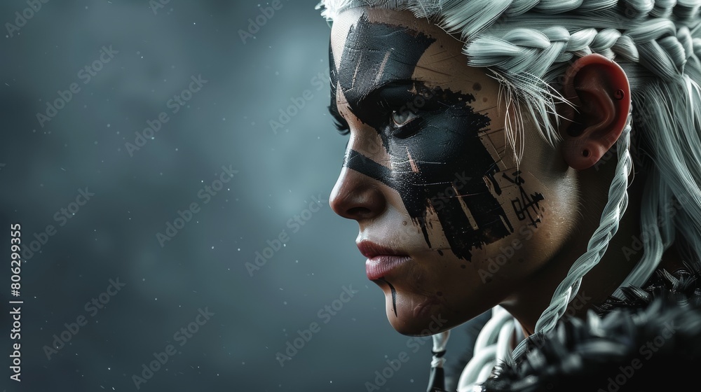 Portrait side view of a fierce viking female warrior with white braided ...