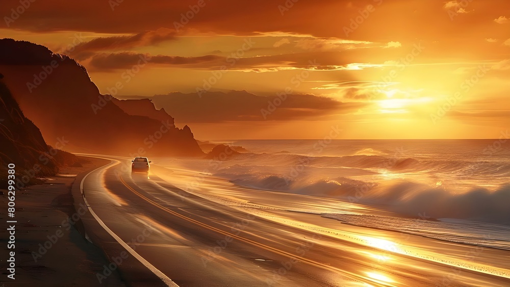 A car driving along a coastal road at sunset, creating a breathtaking scene. Concept Sunset Drive, Coastal Views, Scenic Route, Dramatic Lighting, Driving Adventure