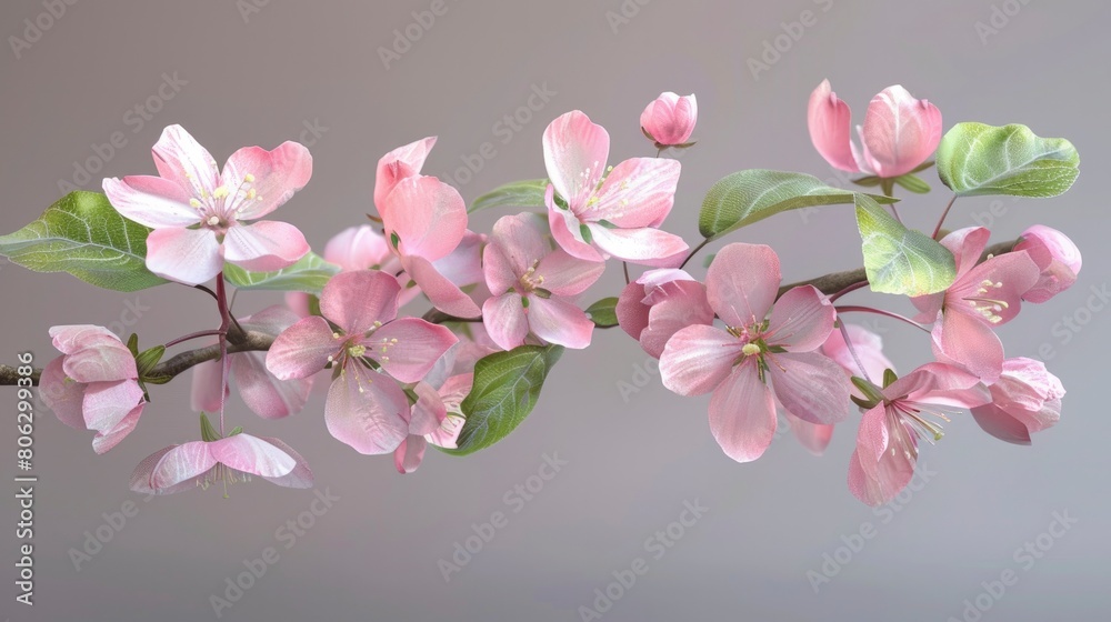  A pink apple blossom branch, isolated on a grey background.