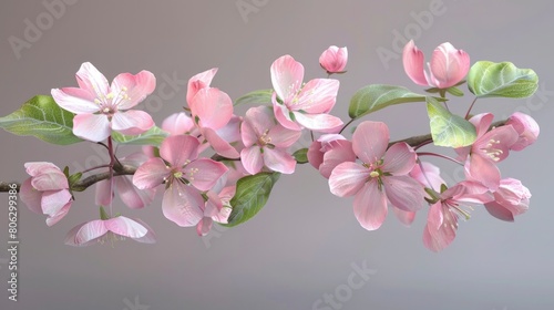  A pink apple blossom branch  isolated on a grey background.