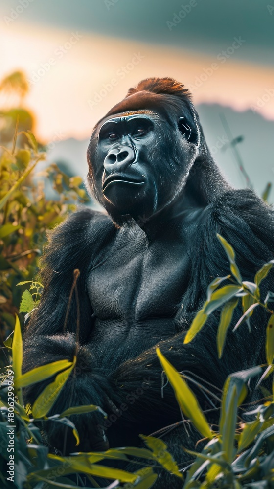 Obraz premium A majestic silverback gorilla standing proudly in the lush green mountains
