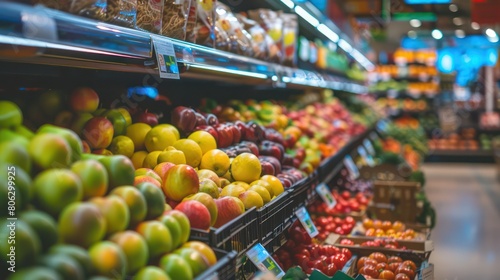Colorful and organized display of fruits and vegetables in a grocery store aisle inviting customers for healthy choices photo