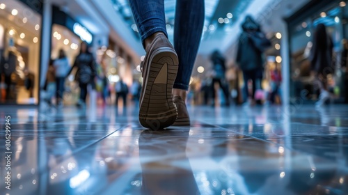 A dynamic low-angle shot capturing feet in motion on a glossy mall floor, emphasizing consumerism