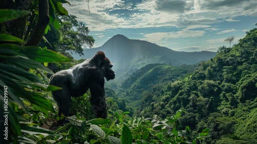 A majestic silverback gorilla standing proudly in the lush green mountains