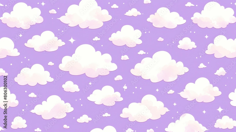 A pattern of white clouds in the sky, purple background, Japanese watercolor, cute, simple.