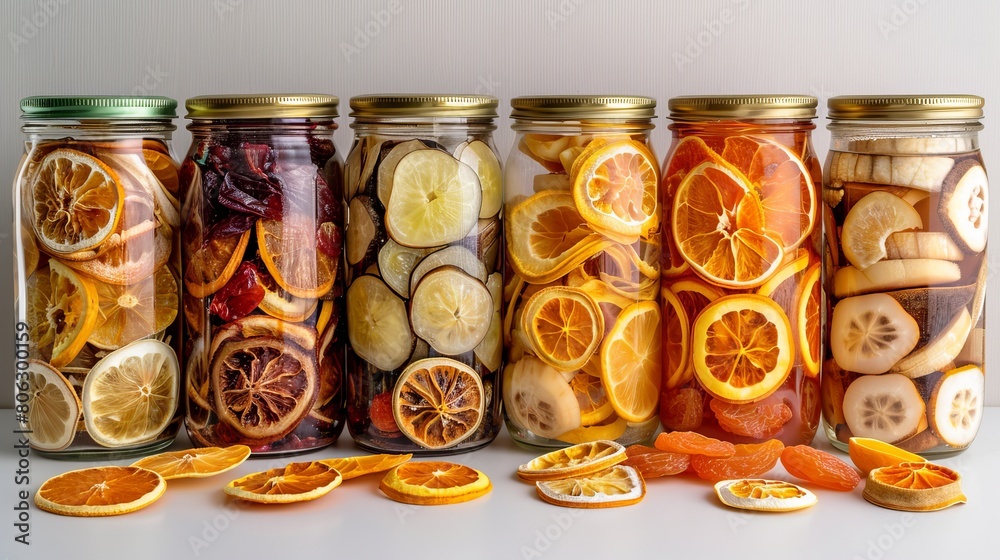 Assorted vibrant dried fruits in glass jars displayed on white surface with clean background Assorted vibrant dried fruits in glass jars displayed on white surface with clean background