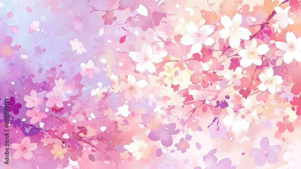 A watercolor background with cherry blossoms and petals in shades of pink, purple, red, yellow, and white.