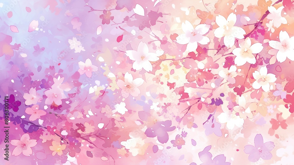 A watercolor background with cherry blossoms and petals in shades of pink, purple, red, yellow, and white. A watercolor background with cherry blossoms and petals in shades of pink, purple, red, yellow, and white.