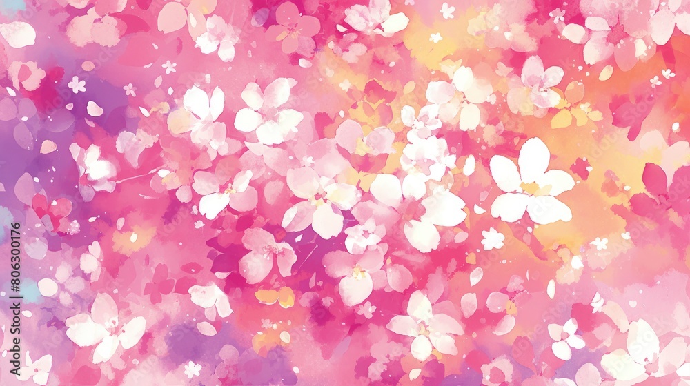 A watercolor background with cherry blossoms and petals in shades of pink, purple, red, yellow, and white. A watercolor background with cherry blossoms and petals in shades of pink, purple, red, yellow, and white.