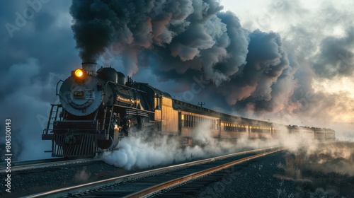 The power of a bygone era, a steam locomotive at sunset, picturesque and mighty