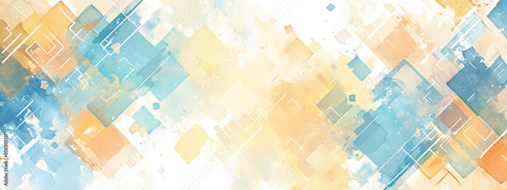 abstract background with watercolor squares and lines in blue, orange pastel colors on white background