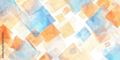 abstract background with watercolor squares and lines in blue, orange pastel colors on white background