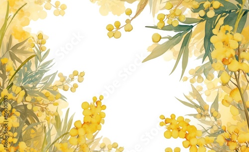 Abstract yellow mimosa pattern border frame on white background  Watercolor style.