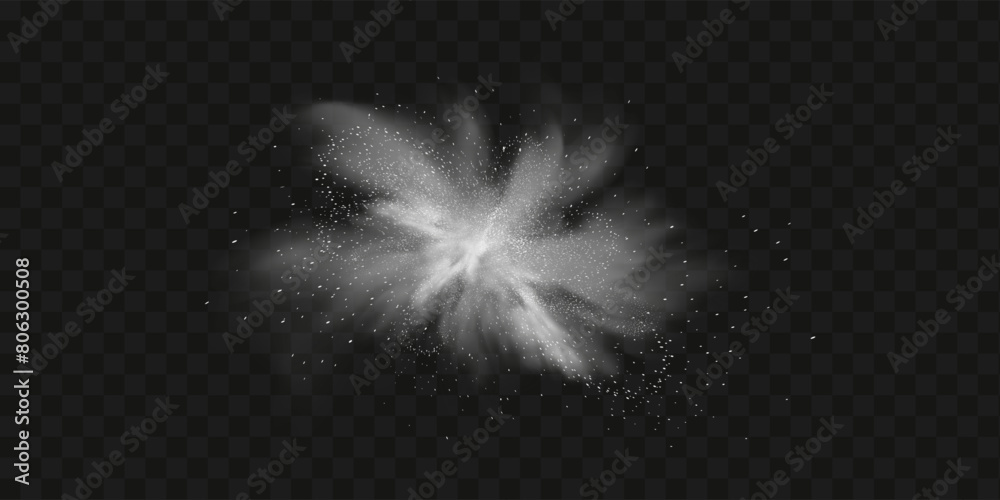 A realistic set of white clouds of flour, sugar, washing powder. An explosion of snow dust in the air. A splash of ice crystals in a white blizzard cloud.