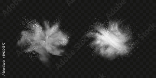 A realistic set of white clouds of flour, sugar, washing powder. An explosion of snow dust in the air. A splash of ice crystals in a white blizzard cloud.