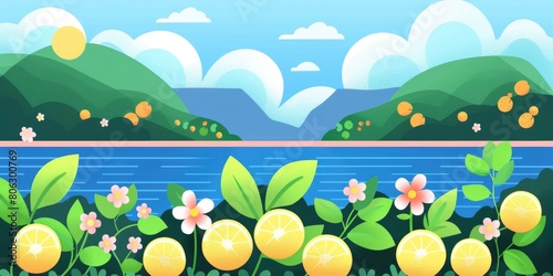 Flat illustration of lemons and flowers on an island  with a blue sky  white clouds  the sea in front  and green mountains behind.