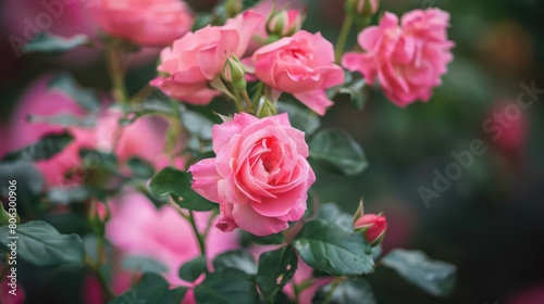 Beautiful soft-focused photo of pink roses in bloom, evoking feelings of love and romance