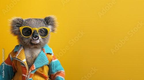 Süßer kleiner Koala Bär mit Kleidung und Sonnenbrille schaut in die Kamera als Cartoon Poster photo