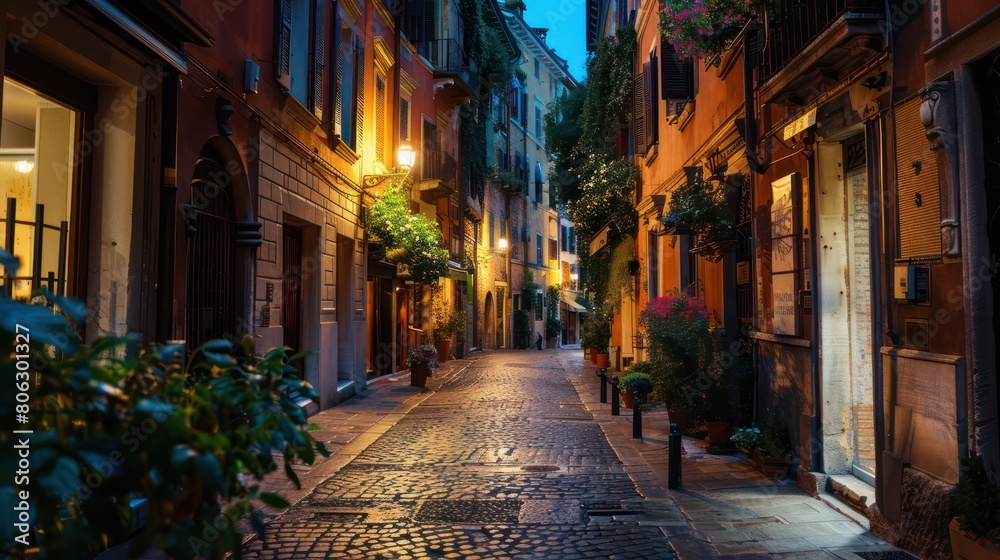 Twilight envelops a charming, narrow alley lined with traditional European architecture and warm, inviting lights